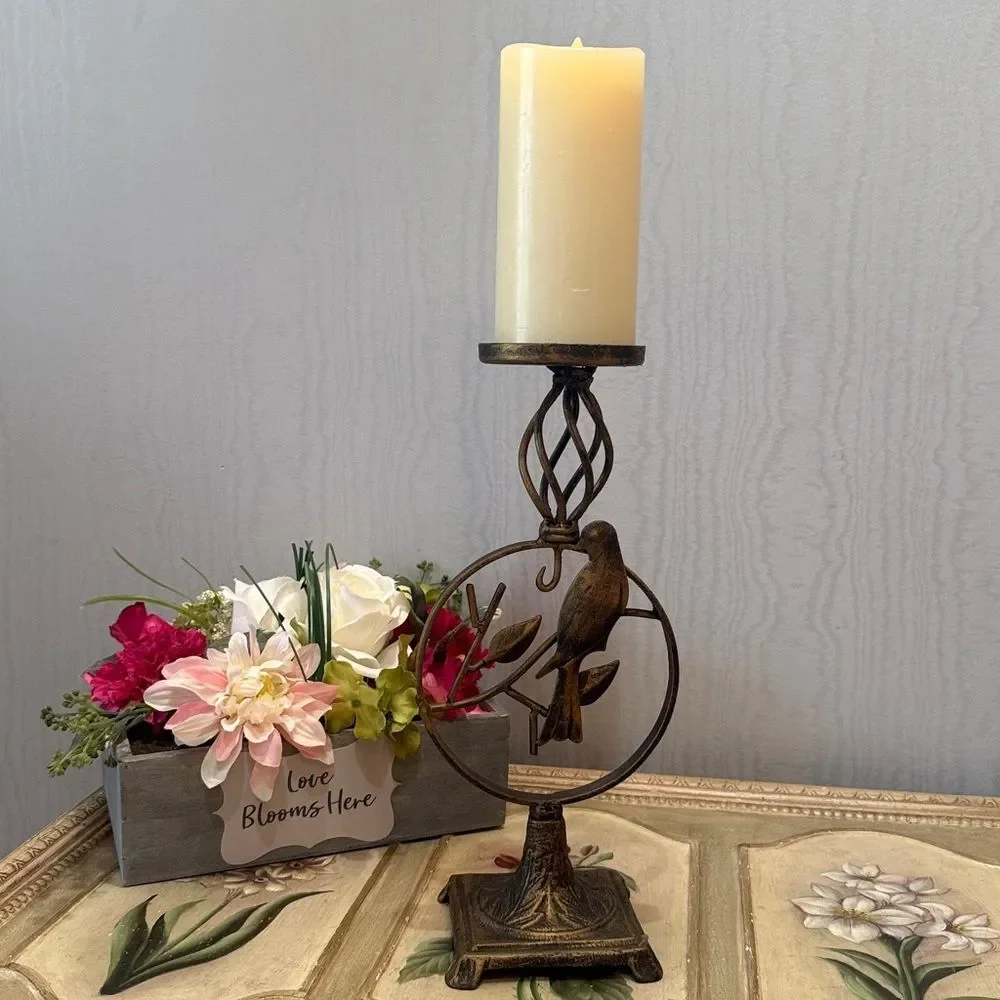 Bird & Leaf Design Brass Tone Finish Metal Candle Holder